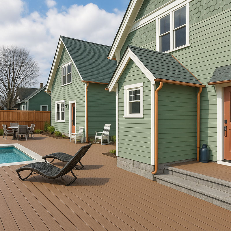 Home with copper downspout and copper gutters
