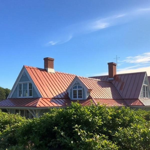 Coastal house with red copper roof under blue sky
