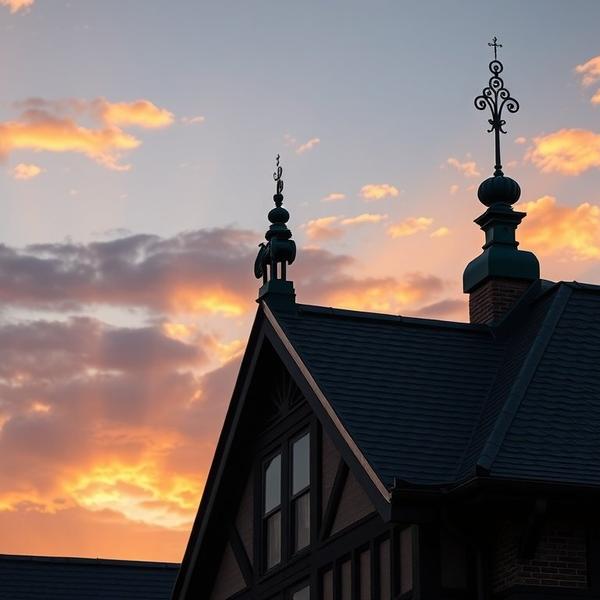 Decorative copper finials glowing against sunset sky