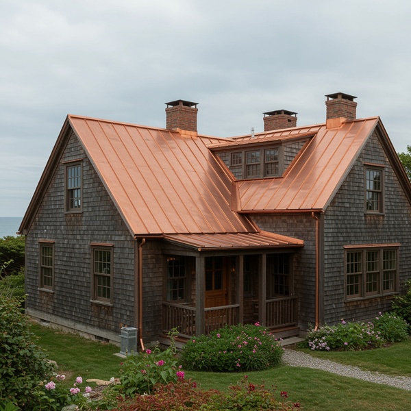 Copper roof home with weathered shingles near coastline