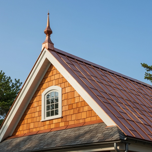 Copper standing seam roof above cedar shingle siding