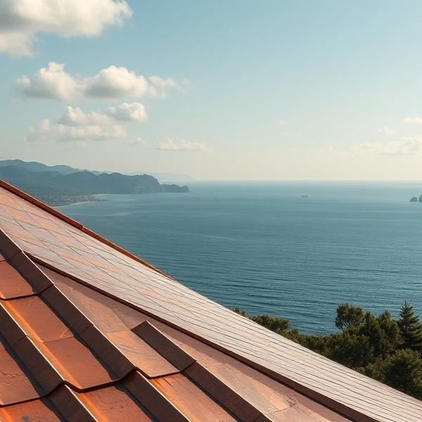 Copper roof overlooking the calm ocean horizon