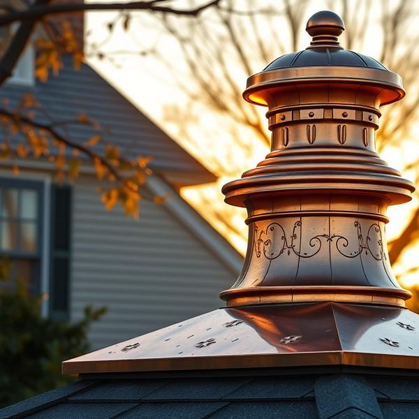 Copper chimney cap at sunset