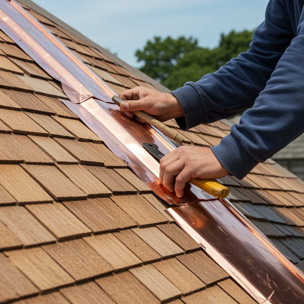 Contractor installing copper flashing on cedar shingle roof