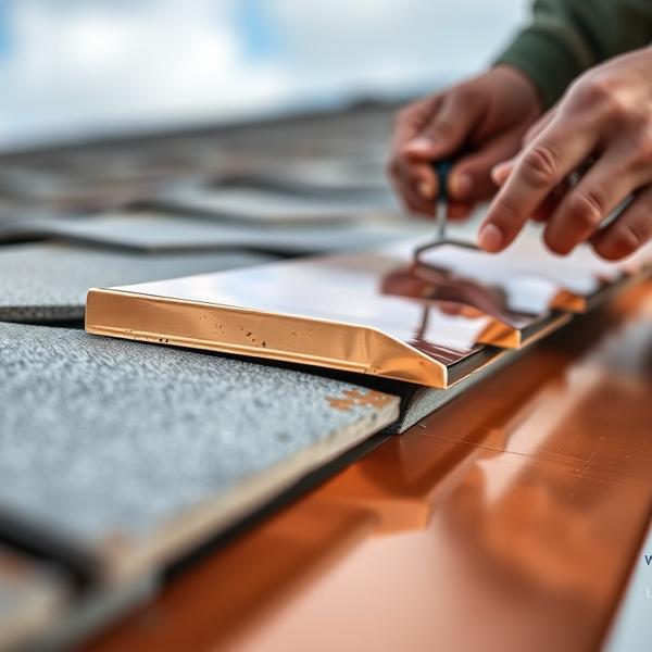 Installing copper flashing under gray roof shingles