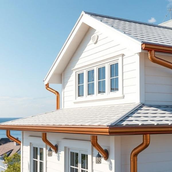 White seaside home with copper gutters and blue roof