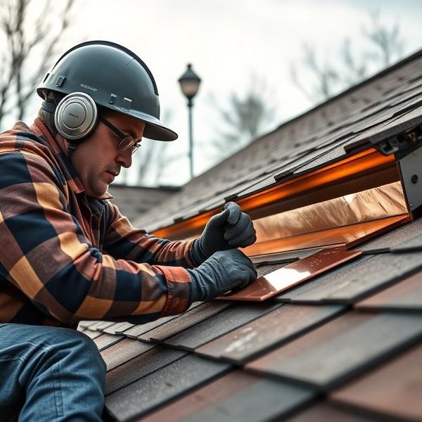 Roofer installing copper flashing on shingle roof