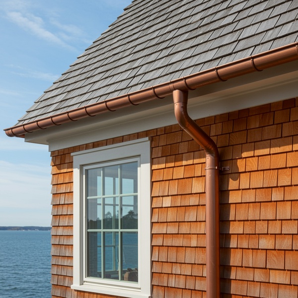 Copper gutter on cedar shingles overlooking ocean view