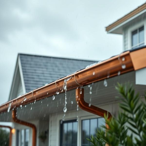 Rainwater flowing through copper gutters