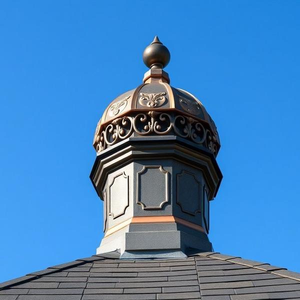 Ornate copper chimney cap under clear blue sky