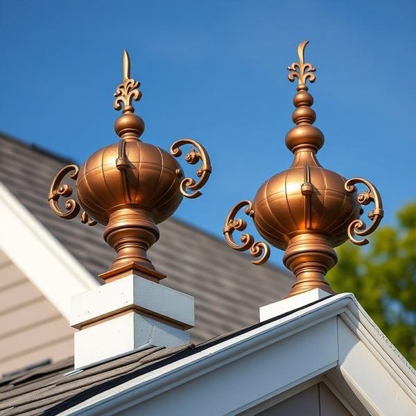 Decorative copper finials on house roofline